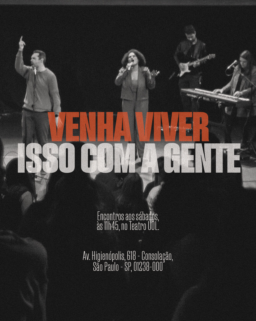Slide Venha viver isso com a gente, com a banda de louvor e o endereço do encontro