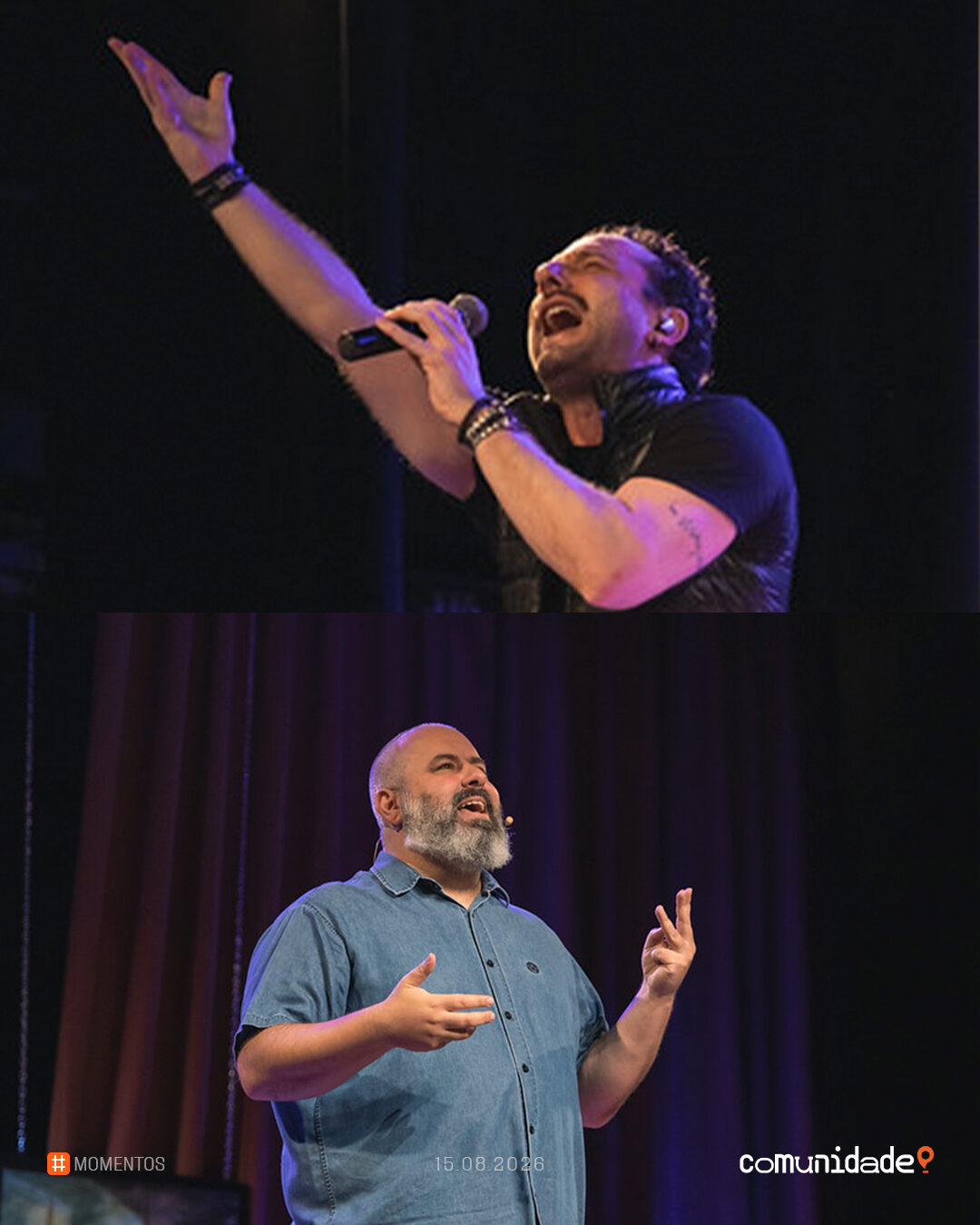 Composição de dois momentos: o cantor com o braço erguido ao microfone e o pregador falando ao público