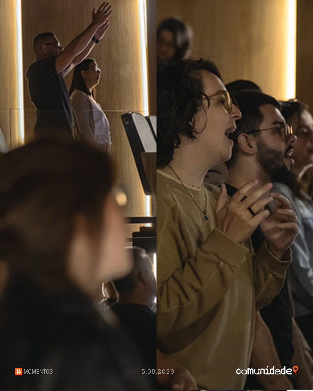 Composição de dois momentos: homem de braço erguido junto à parede de madeira e dois jovens cantando lado a lado